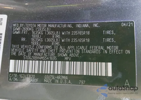 2021 Toyota Highlander Xle из США, поврежденный, VIN 5TDGZRBH4MS541695